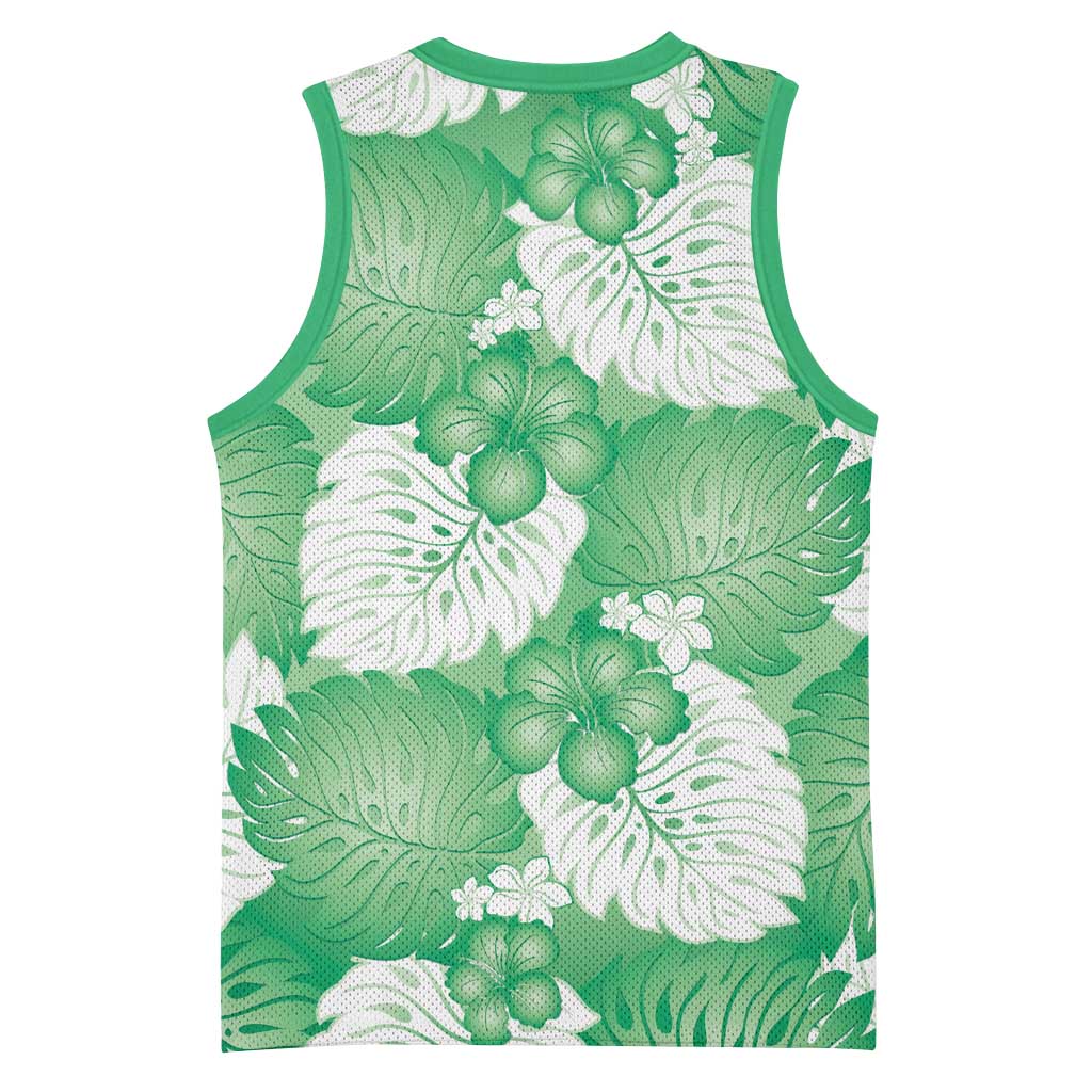 Green Aloha Hawaii Basketball Jersey Monstera Hibiscus Plumeria Seamless Vibes - Polynesian Pride