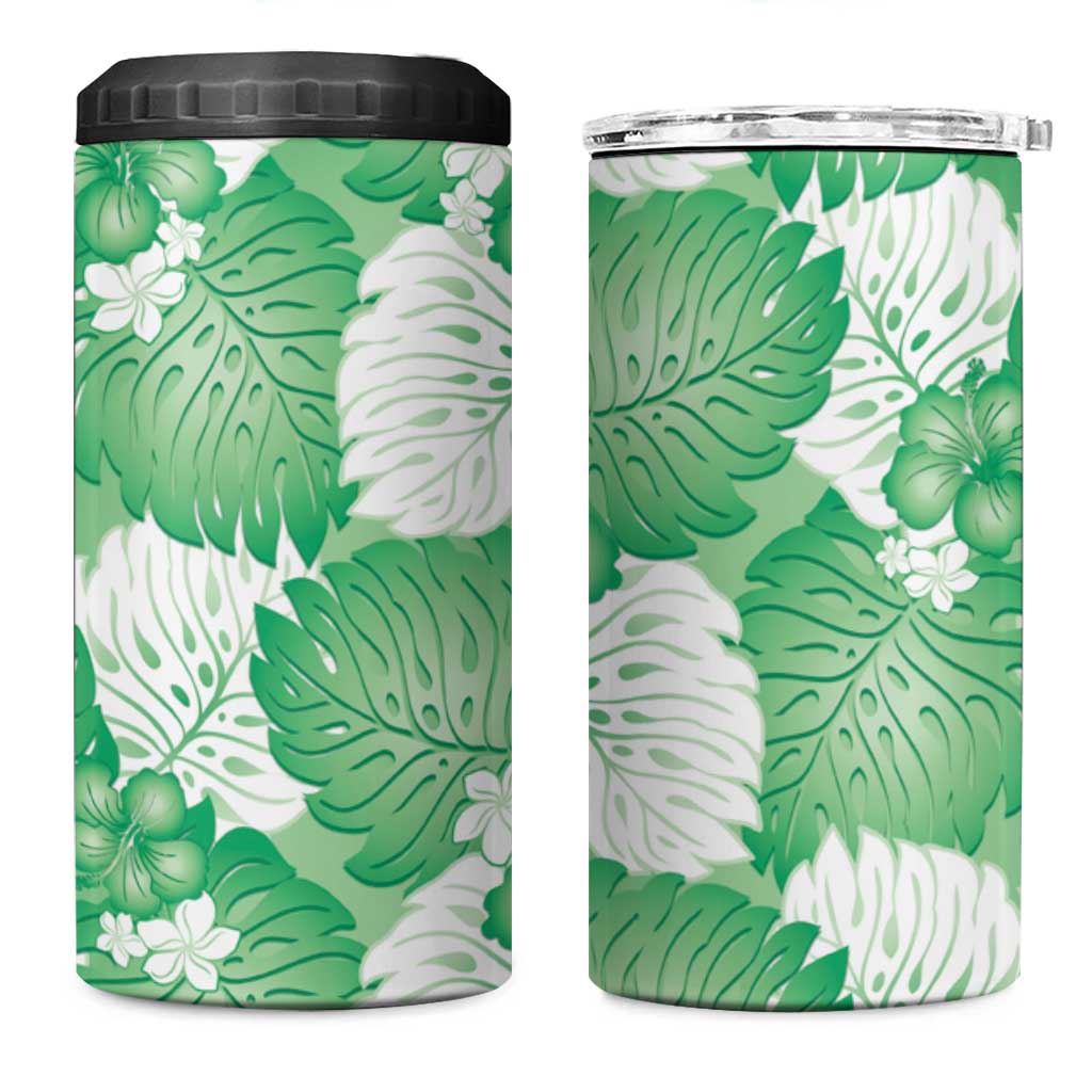 Green Aloha Hawaii 4 in 1 Can Cooler Tumbler Monstera Hibiscus Plumeria Seamless Vibes - Polynesian Pride
