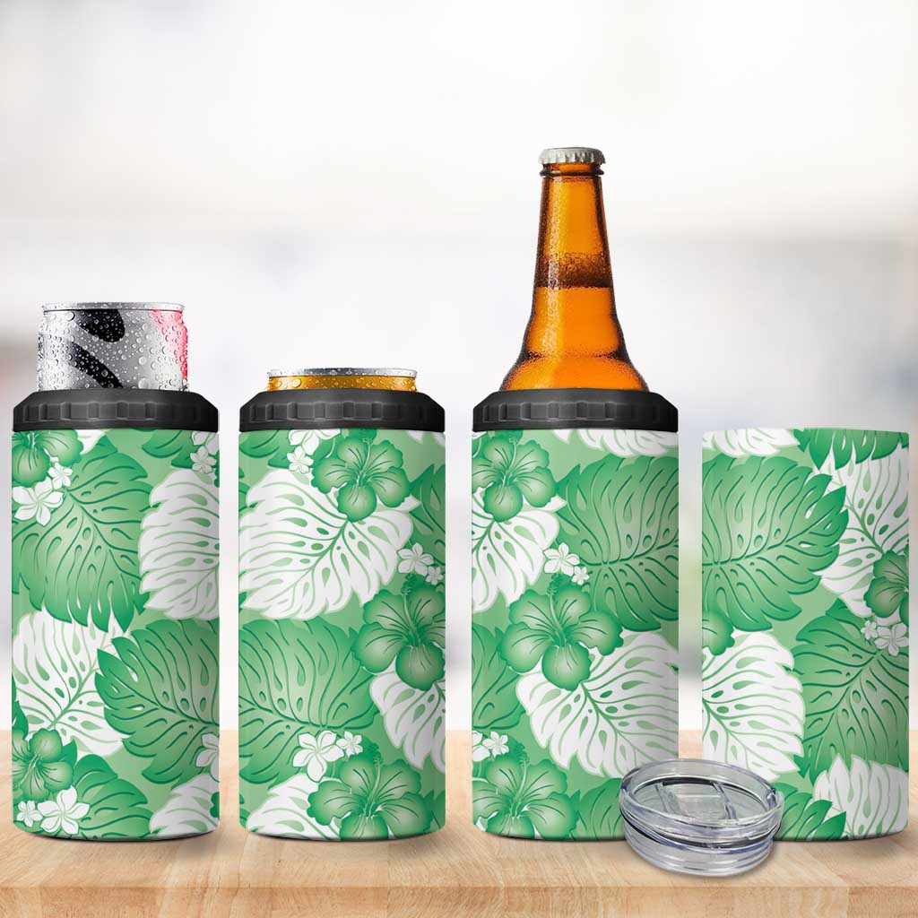 Green Aloha Hawaii 4 in 1 Can Cooler Tumbler Monstera Hibiscus Plumeria Seamless Vibes - Polynesian Pride
