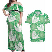 Green Aloha Hawaii Couples Matching Off Shoulder Maxi Dress and Hawaiian Shirt Monstera Hibiscus Plumeria Seamless Vibes - Polynesian Pride