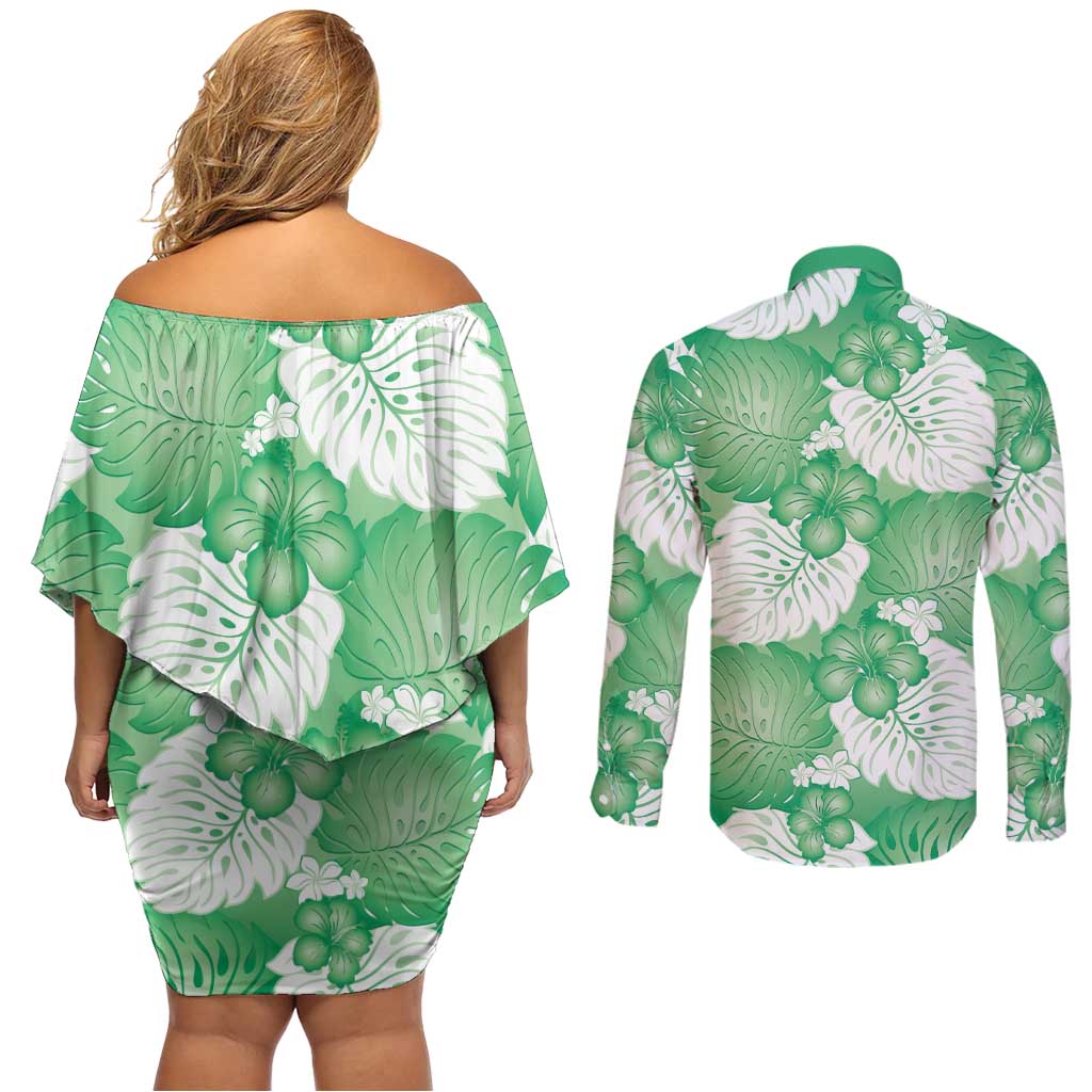 Green Aloha Hawaii Couples Matching Off Shoulder Short Dress and Long Sleeve Button Shirt Monstera Hibiscus Plumeria Seamless Vibes - Polynesian Pride