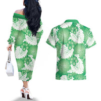 Green Aloha Hawaii Couples Matching Off The Shoulder Long Sleeve Dress and Hawaiian Shirt Monstera Hibiscus Plumeria Seamless Vibes - Polynesian Pride