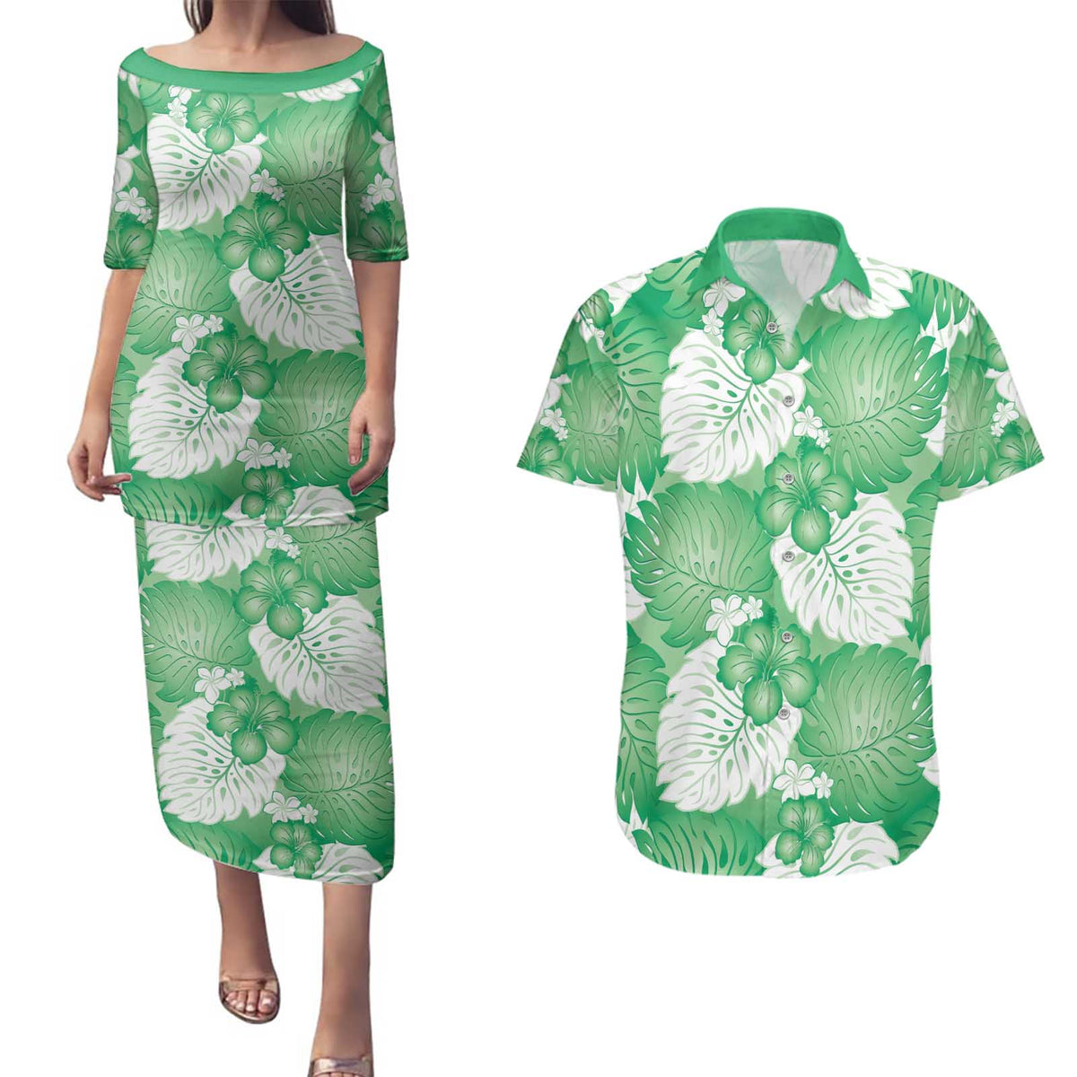 Green Aloha Hawaii Couples Matching Puletasi and Hawaiian Shirt Monstera Hibiscus Plumeria Seamless Vibes - Polynesian Pride