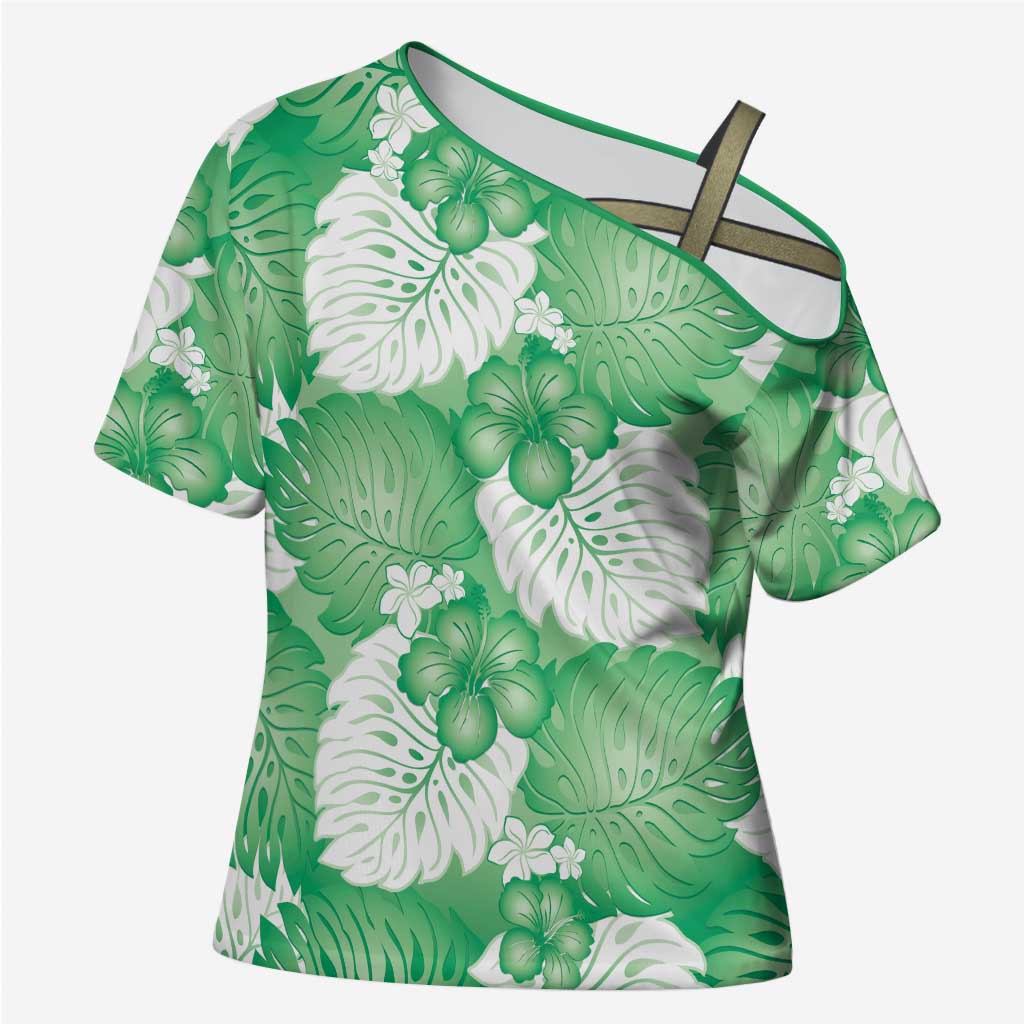 Green Aloha Hawaii Cross Shoulder Shirt Monstera Hibiscus Plumeria Seamless Vibes - Polynesian Pride