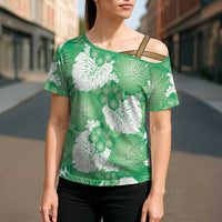 Green Aloha Hawaii Cross Shoulder Shirt Monstera Hibiscus Plumeria Seamless Vibes - Polynesian Pride