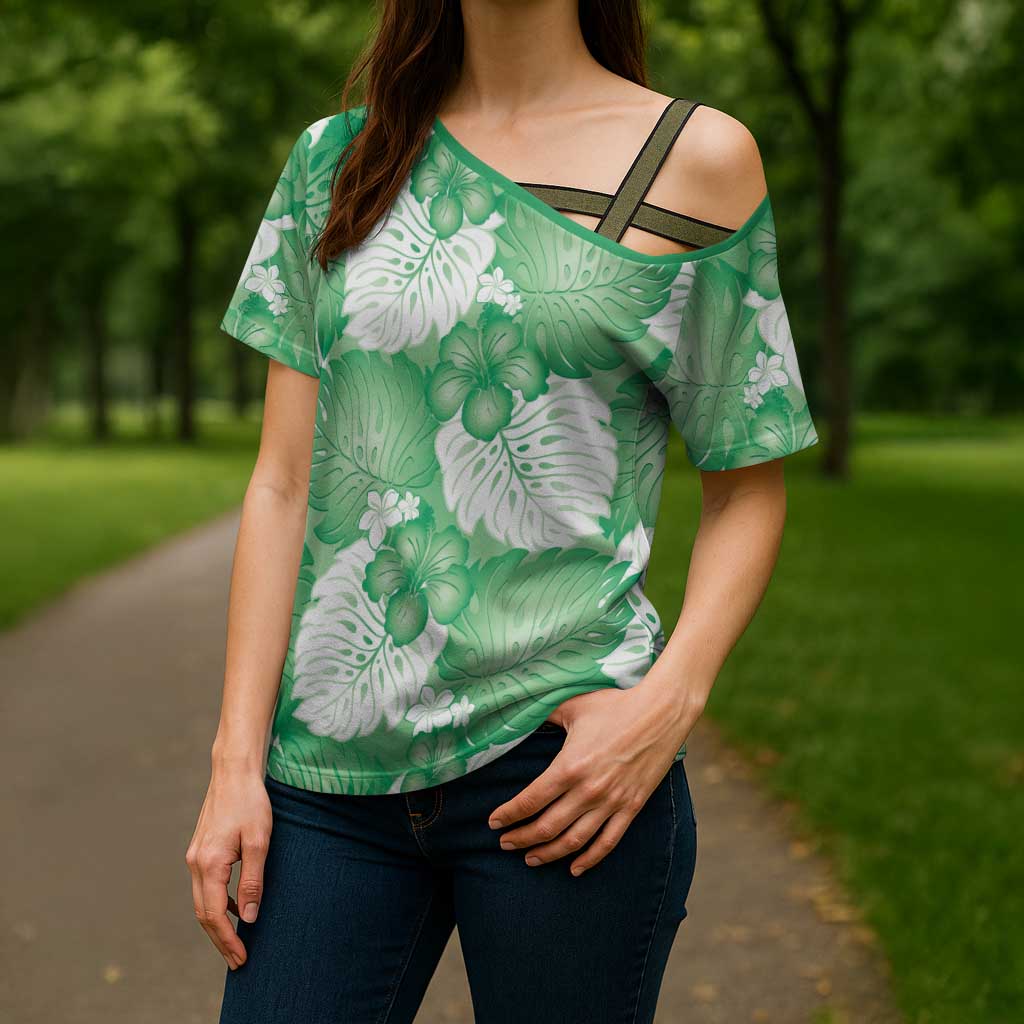 Green Aloha Hawaii Cross Shoulder Shirt Monstera Hibiscus Plumeria Seamless Vibes - Polynesian Pride