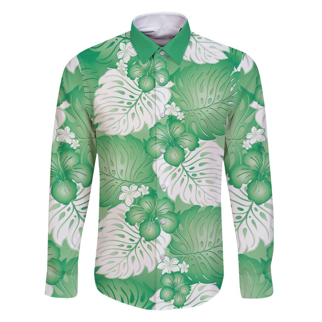 Green Aloha Hawaii Family Matching Long Sleeve Bodycon Dress and Hawaiian Shirt Monstera Hibiscus Plumeria Seamless Vibes - Polynesian Pride