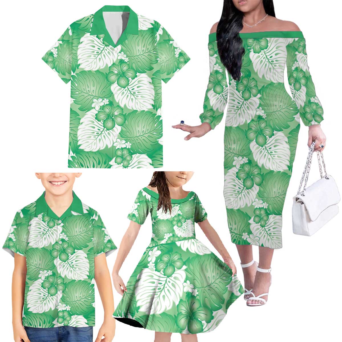 Green Aloha Hawaii Family Matching Off The Shoulder Long Sleeve Dress and Hawaiian Shirt Monstera Hibiscus Plumeria Seamless Vibes - Polynesian Pride