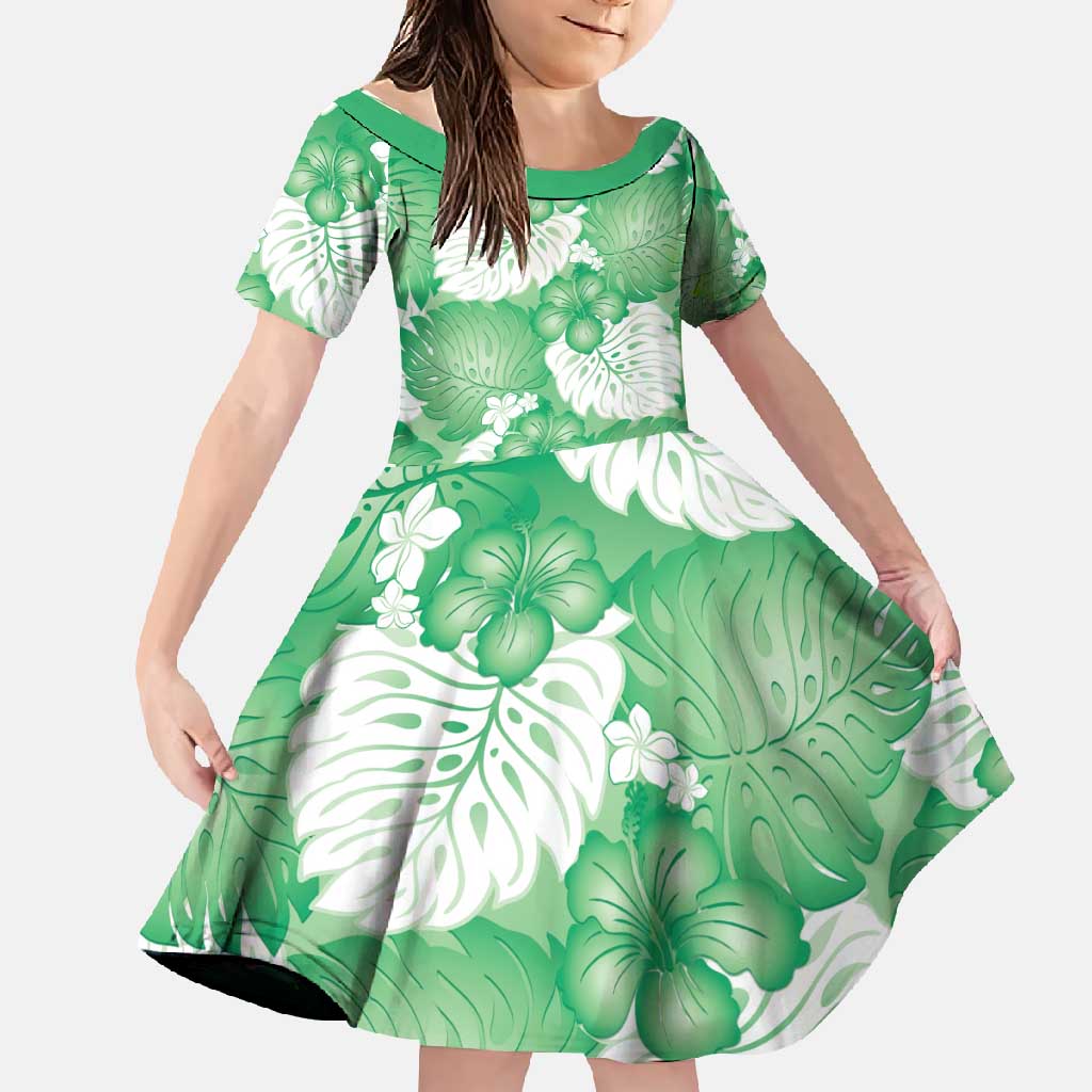 Green Aloha Hawaii Family Matching Off Shoulder Maxi Dress and Hawaiian Shirt Monstera Hibiscus Plumeria Seamless Vibes - Polynesian Pride