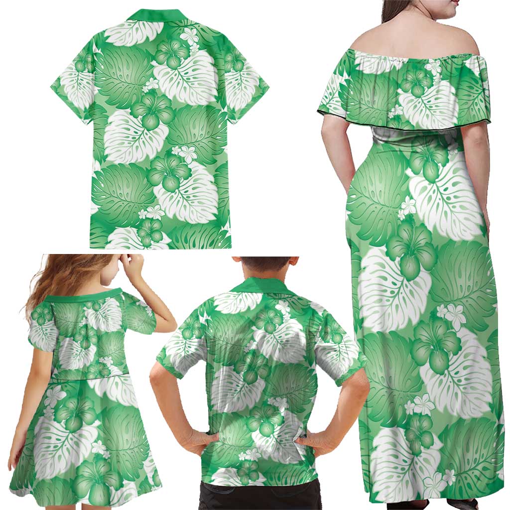 Green Aloha Hawaii Family Matching Off Shoulder Maxi Dress and Hawaiian Shirt Monstera Hibiscus Plumeria Seamless Vibes - Polynesian Pride