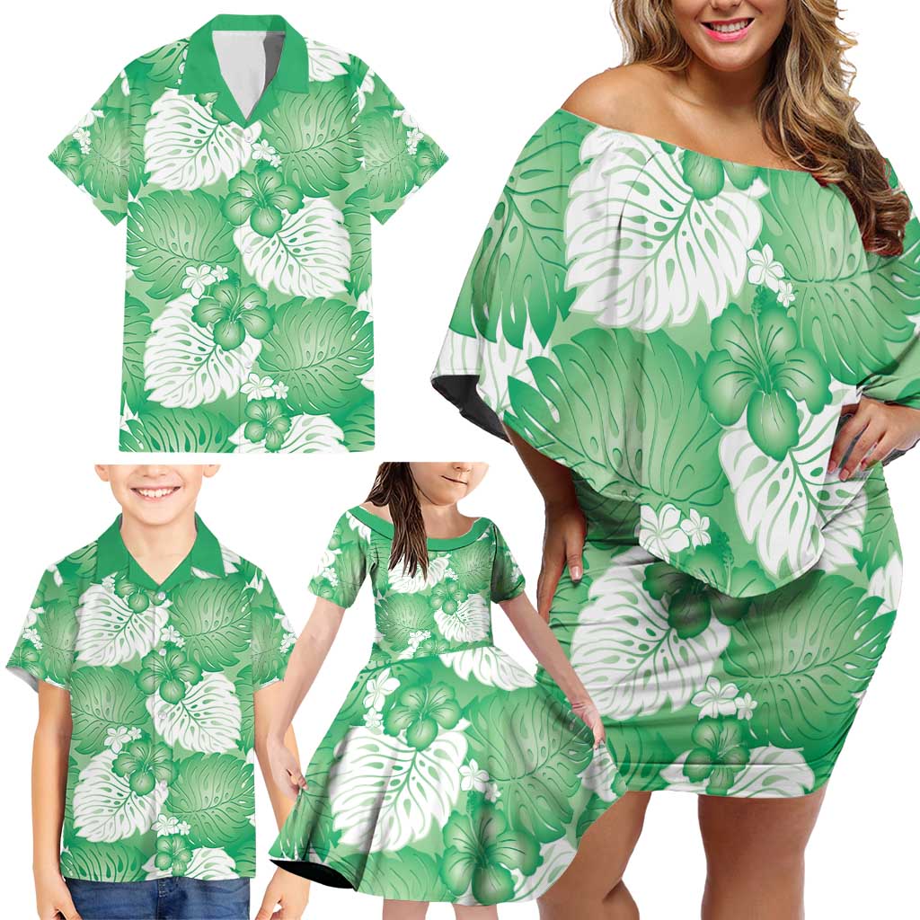 Green Aloha Hawaii Family Matching Off Shoulder Short Dress and Hawaiian Shirt Monstera Hibiscus Plumeria Seamless Vibes - Polynesian Pride
