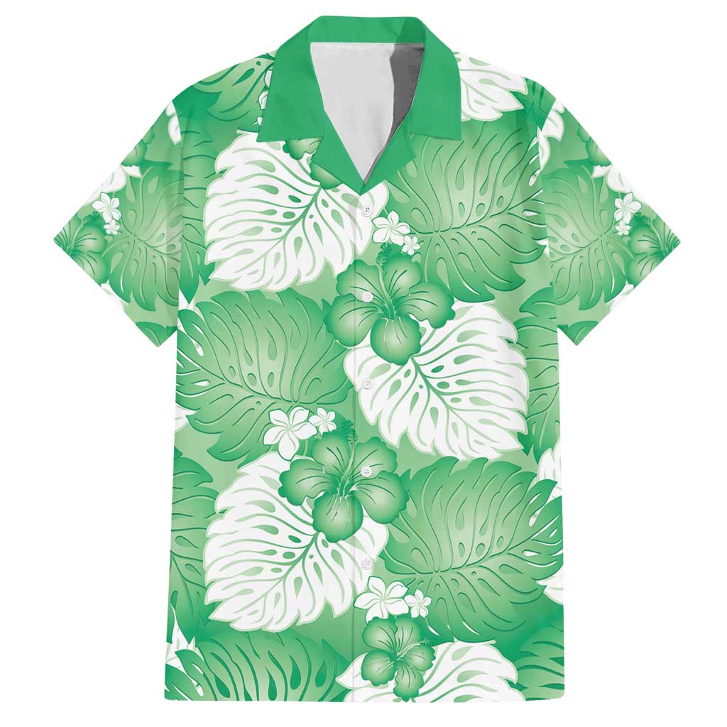 Green Aloha Hawaii Family Matching Puletasi and Hawaiian Shirt Monstera Hibiscus Plumeria Seamless Vibes - Polynesian Pride