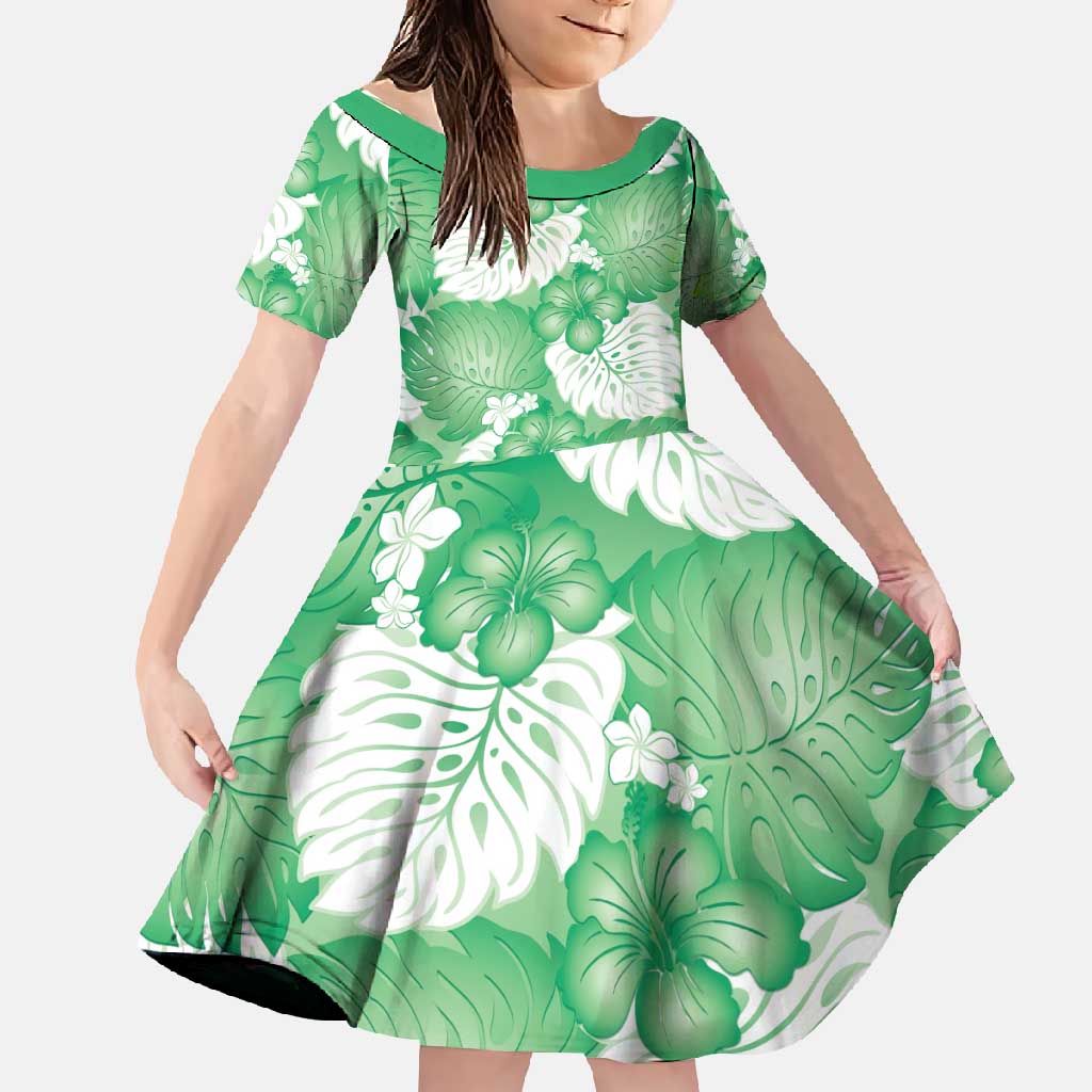 Green Aloha Hawaii Family Matching Tank Maxi Dress and Hawaiian Shirt Monstera Hibiscus Plumeria Seamless Vibes - Polynesian Pride