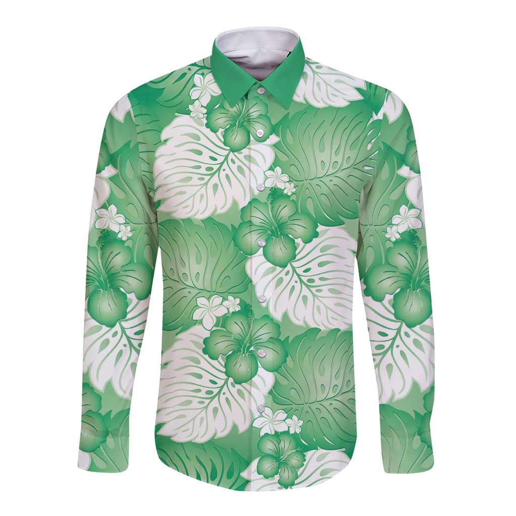 Green Aloha Hawaii Long Sleeve Button Shirt Monstera Hibiscus Plumeria Seamless Vibes - Polynesian Pride