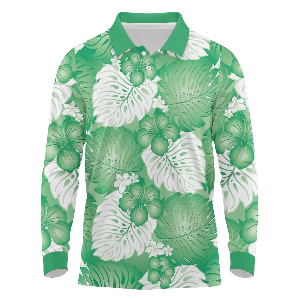 Green Aloha Hawaii Long Sleeve Polo Shirt Monstera Hibiscus Plumeria Seamless Vibes - Polynesian Pride