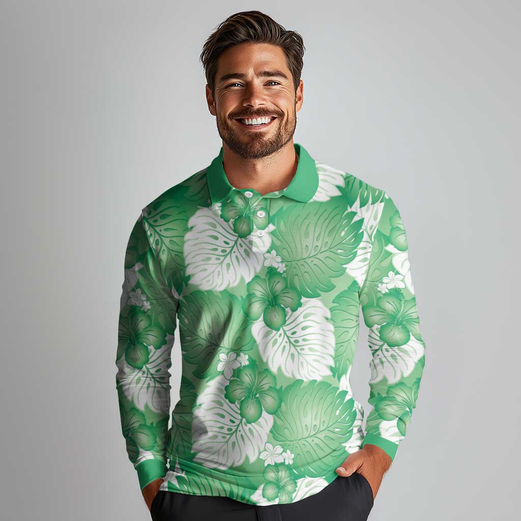 Green Aloha Hawaii Long Sleeve Polo Shirt Monstera Hibiscus Plumeria Seamless Vibes - Polynesian Pride