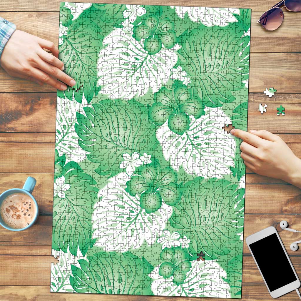 Green Aloha Hawaii Puzzle Monstera Hibiscus Plumeria Seamless Vibes - Polynesian Pride