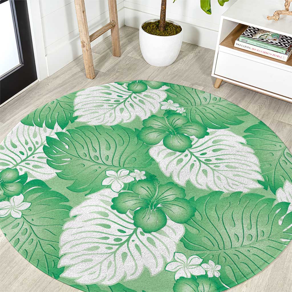Green Aloha Hawaii Round Carpet Monstera Hibiscus Plumeria Seamless Vibes - Polynesian Pride