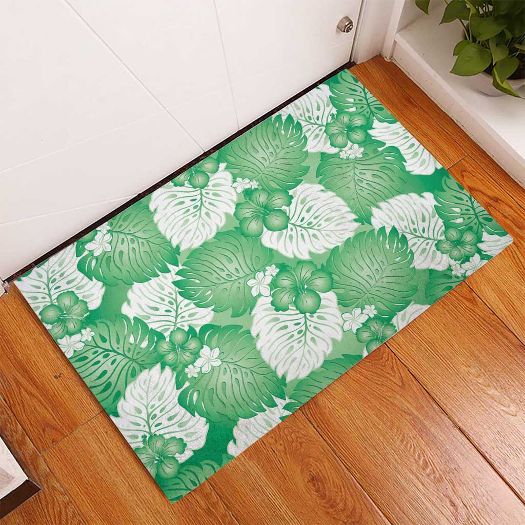Green Aloha Hawaii Rubber Doormat Monstera Hibiscus Plumeria Seamless Vibes - Polynesian Pride