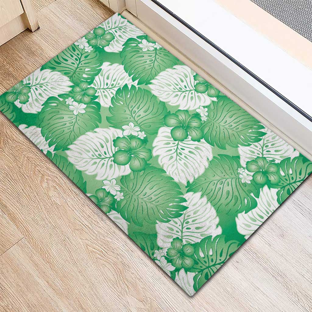 Green Aloha Hawaii Rubber Doormat Monstera Hibiscus Plumeria Seamless Vibes - Polynesian Pride