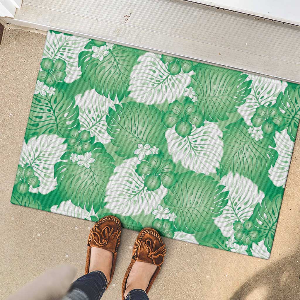 Green Aloha Hawaii Rubber Doormat Monstera Hibiscus Plumeria Seamless Vibes - Polynesian Pride