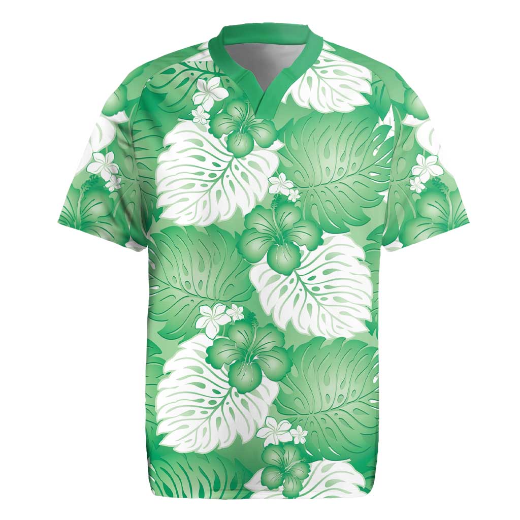 Green Aloha Hawaii Rugby Jersey Monstera Hibiscus Plumeria Seamless Vibes - Polynesian Pride