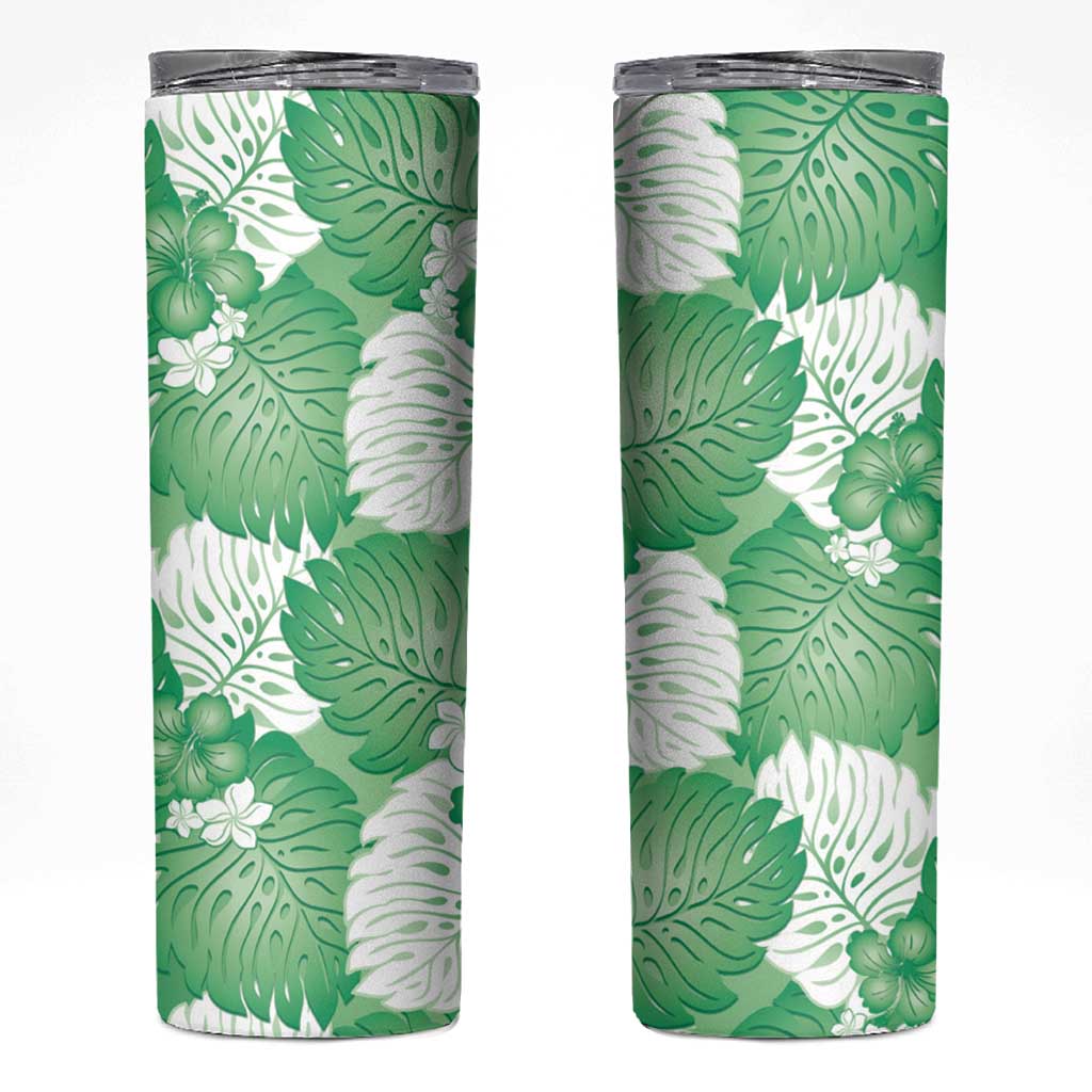 Green Aloha Hawaii Skinny Tumbler Monstera Hibiscus Plumeria Seamless Vibes - Polynesian Pride