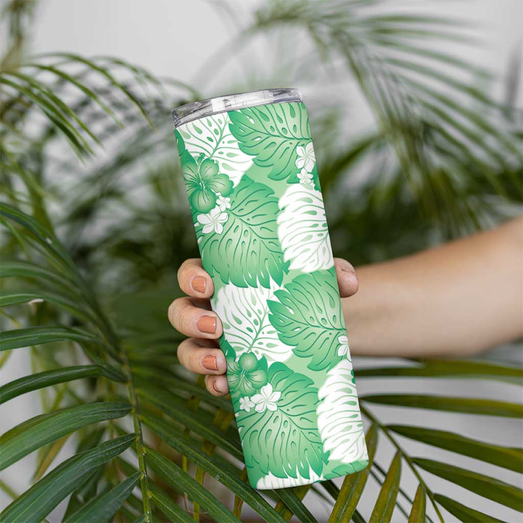 Green Aloha Hawaii Skinny Tumbler Monstera Hibiscus Plumeria Seamless Vibes - Polynesian Pride