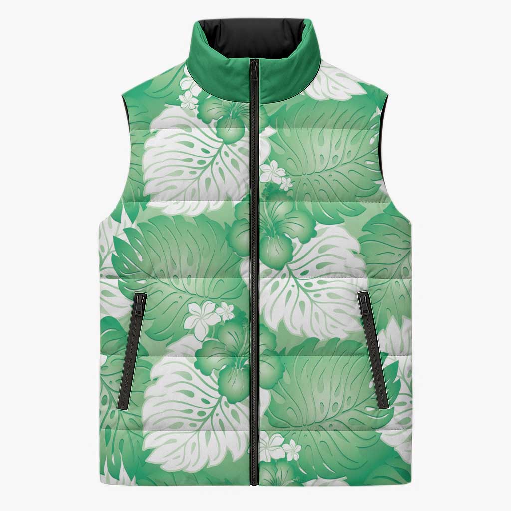 Green Aloha Hawaii Sleeveless Puffer Jacket Monstera Hibiscus Plumeria Seamless Vibes - Polynesian Pride