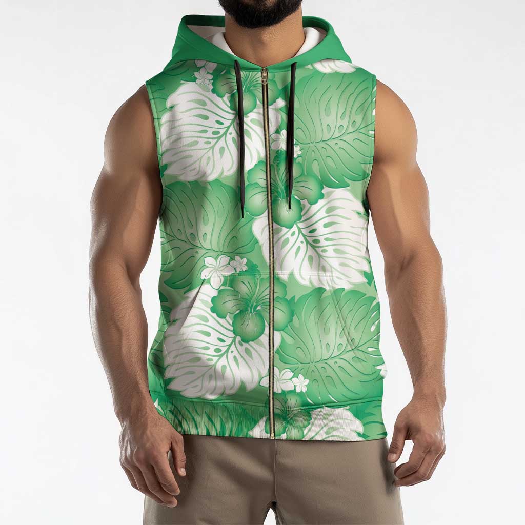 Green Aloha Hawaii Sleeveless Zip Hoodie Monstera Hibiscus Plumeria Seamless Vibes - Polynesian Pride
