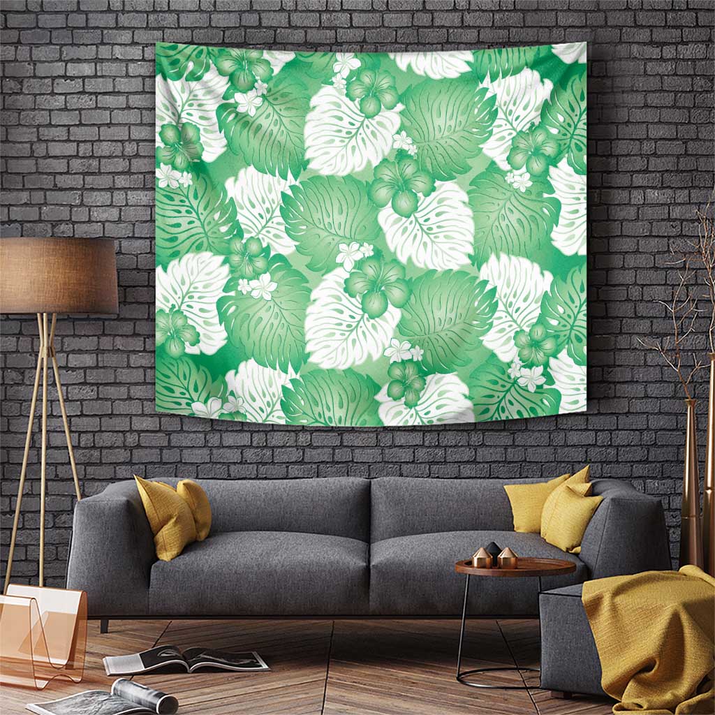 Green Aloha Hawaii Tapestry Monstera Hibiscus Plumeria Seamless Vibes - Polynesian Pride