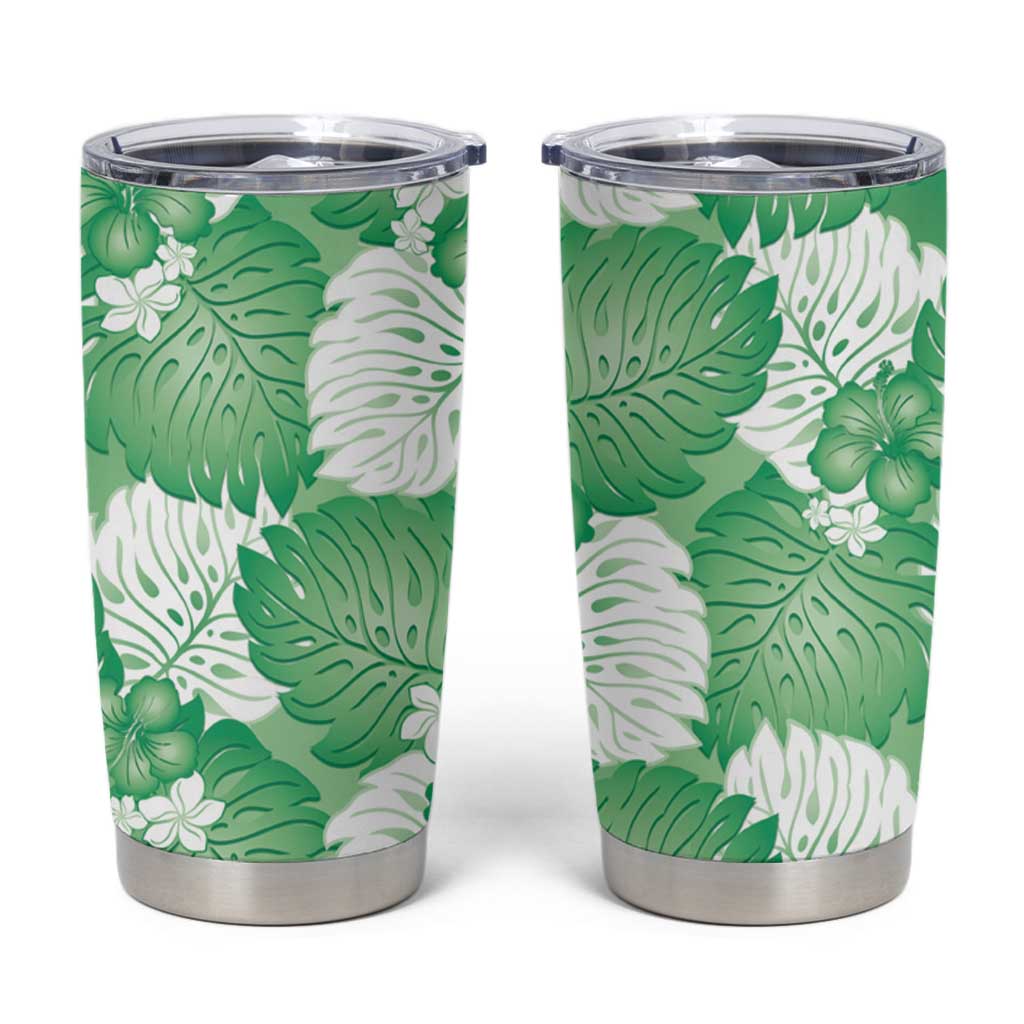 Green Aloha Hawaii Tumbler Cup Monstera Hibiscus Plumeria Seamless Vibes - Polynesian Pride