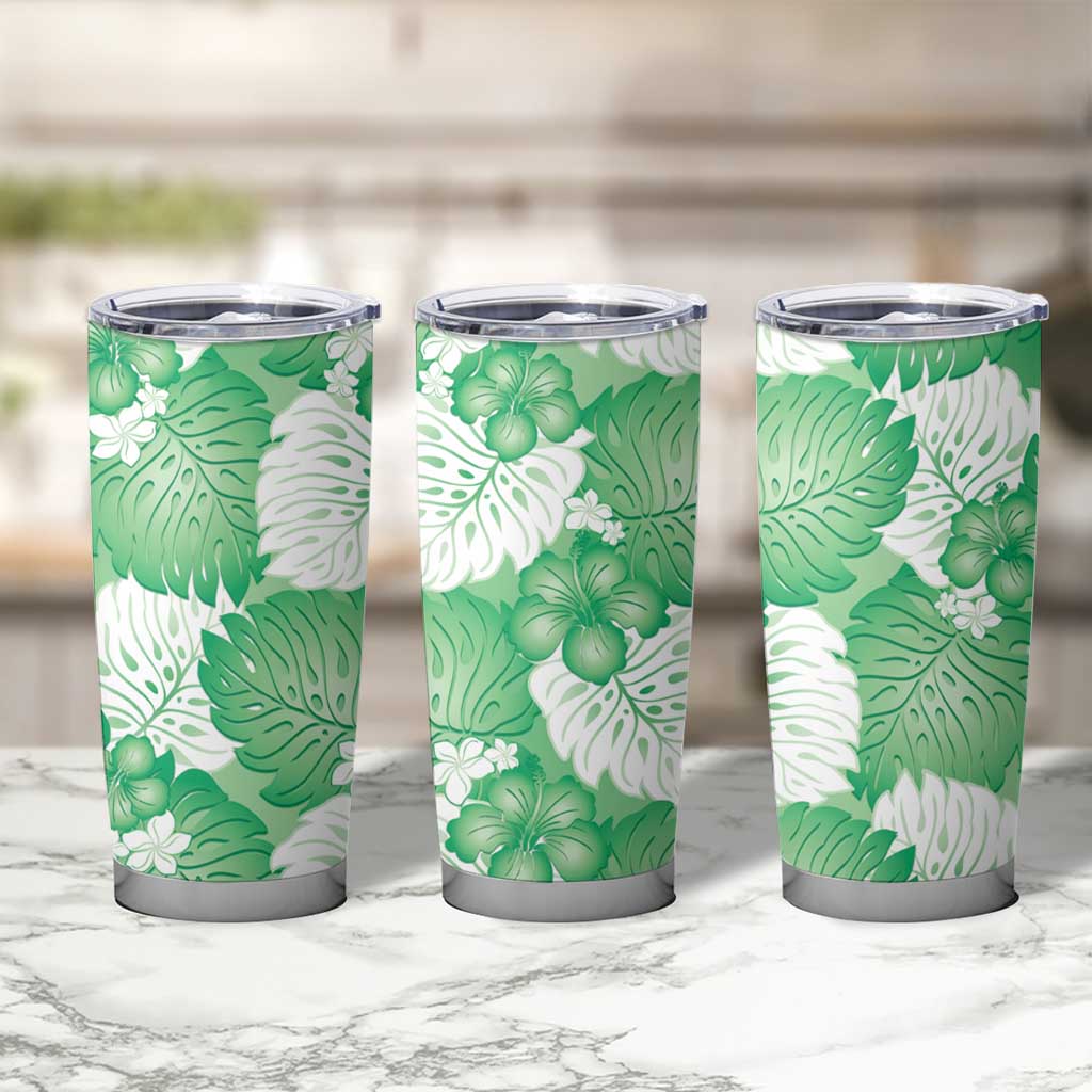 Green Aloha Hawaii Tumbler Cup Monstera Hibiscus Plumeria Seamless Vibes - Polynesian Pride