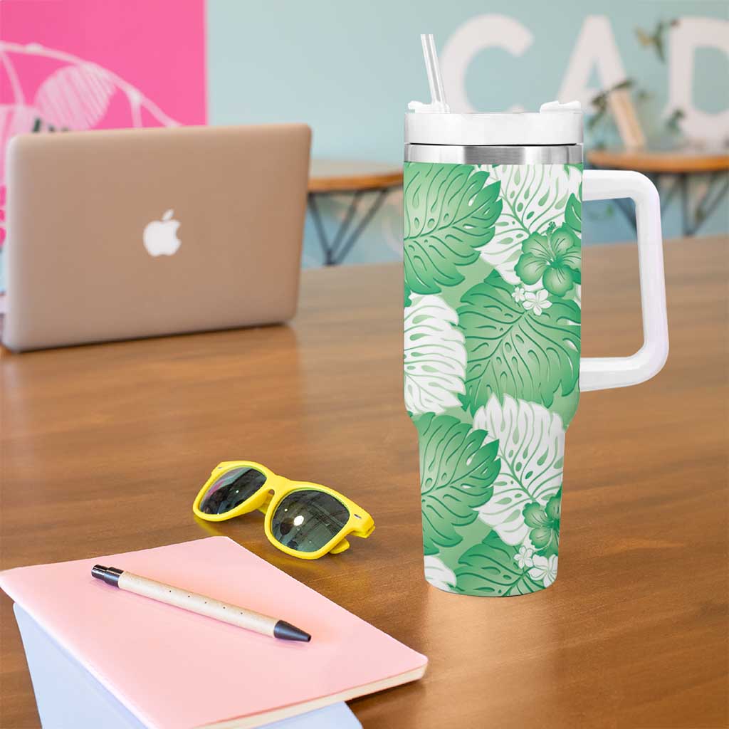 Green Aloha Hawaii Tumbler With Handle Monstera Hibiscus Plumeria Seamless Vibes - Polynesian Pride