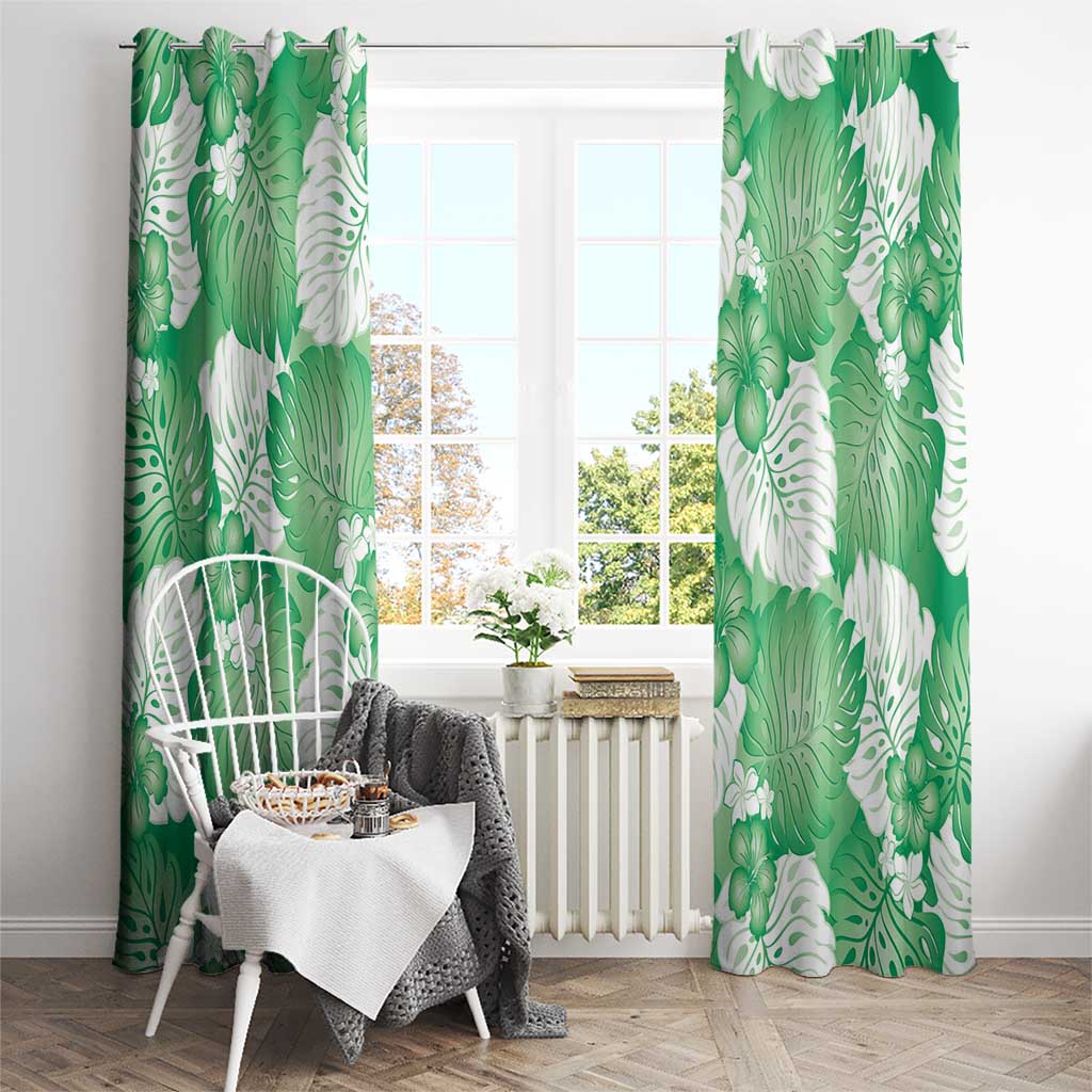 Green Aloha Hawaii Window Curtain Monstera Hibiscus Plumeria Seamless Vibes - Polynesian Pride