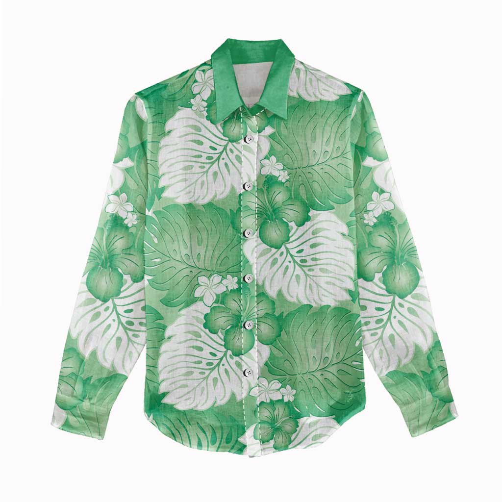 Green Aloha Hawaii Women Casual Shirt Monstera Hibiscus Plumeria Seamless Vibes - Polynesian Pride