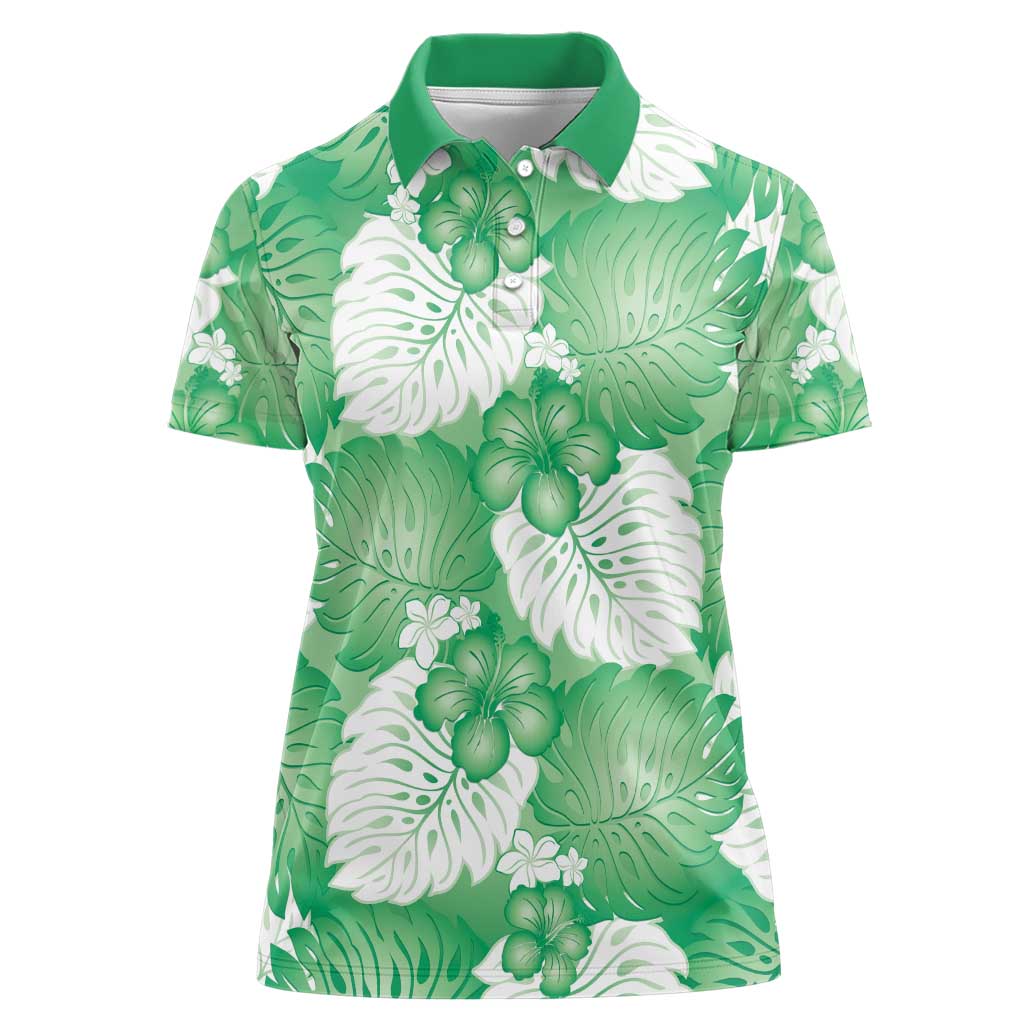 Green Aloha Hawaii Women Polo Shirt Monstera Hibiscus Plumeria Seamless Vibes - Polynesian Pride