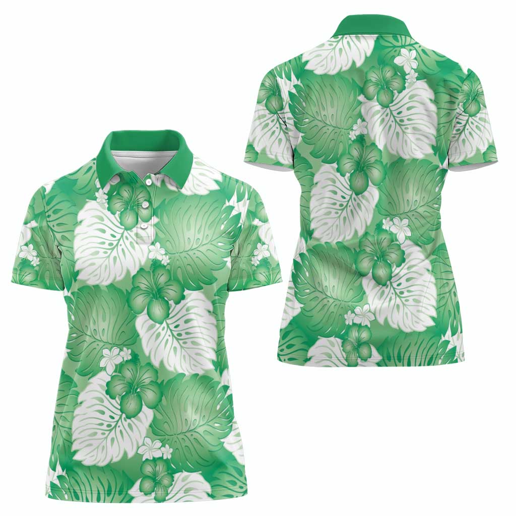 Green Aloha Hawaii Women Polo Shirt Monstera Hibiscus Plumeria Seamless Vibes - Polynesian Pride