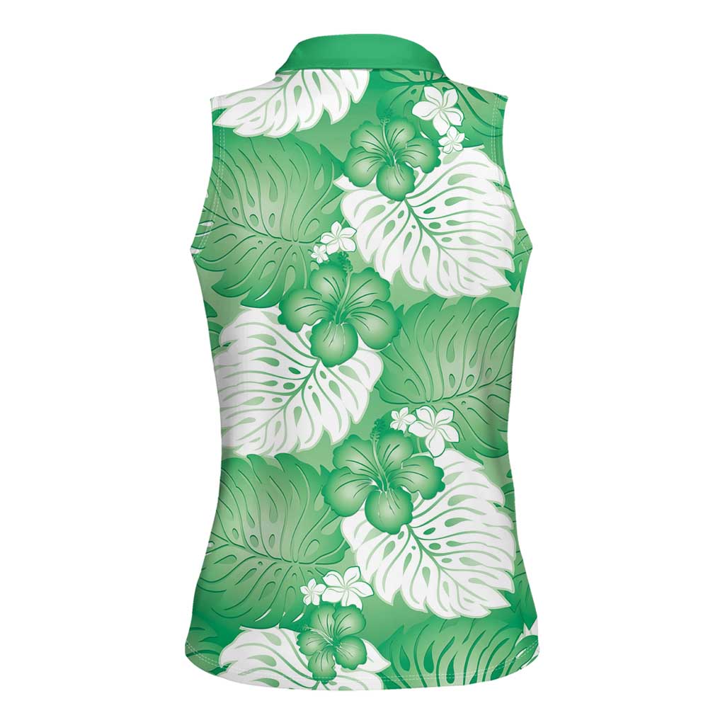 Green Aloha Hawaii Women Sleeveless Polo Shirt Monstera Hibiscus Plumeria Seamless Vibes - Polynesian Pride