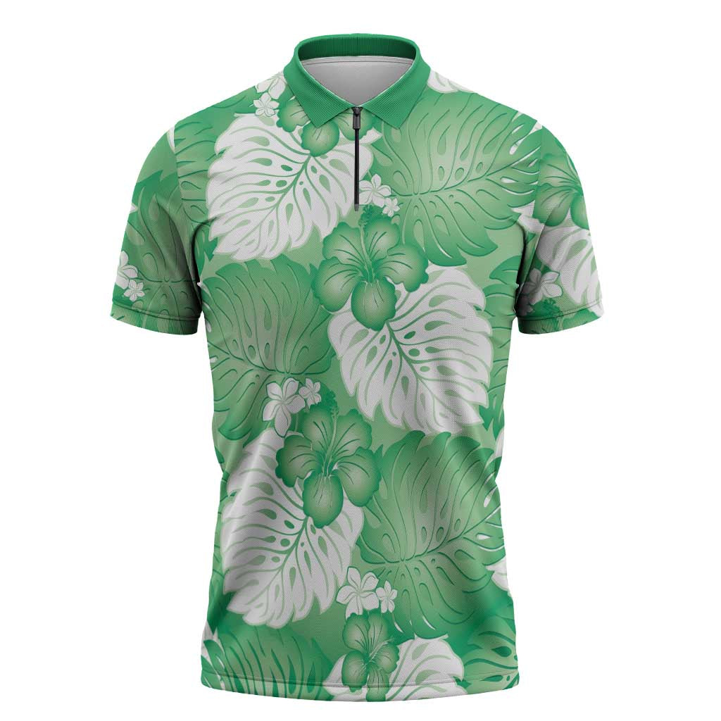 Green Aloha Hawaii Zipper Polo Shirt Monstera Hibiscus Plumeria Seamless Vibes - Polynesian Pride