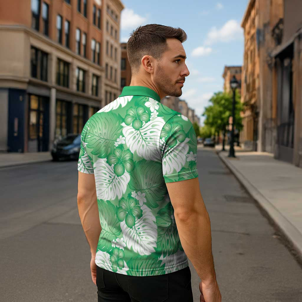 Green Aloha Hawaii Zipper Polo Shirt Monstera Hibiscus Plumeria Seamless Vibes - Polynesian Pride