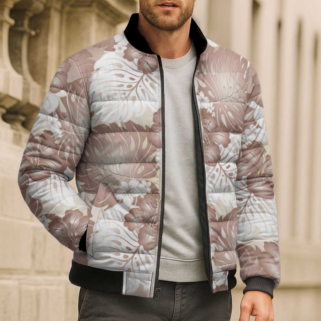 Mocha Mousse Aloha Hawaii Bomber Puffer Jacket Monstera Hibiscus Plumeria Seamless Vibes - Polynesian Pride