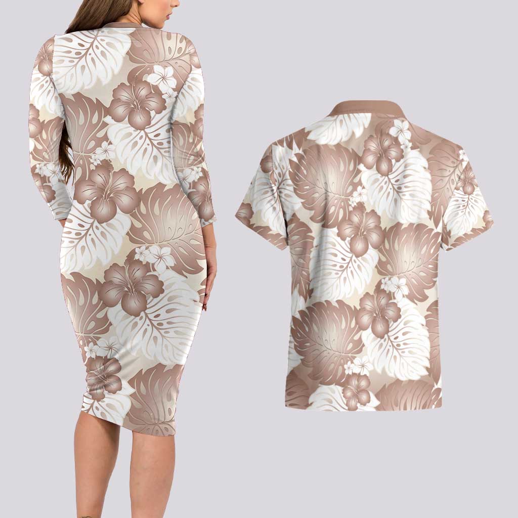 Mocha Mousse Aloha Hawaii Couples Matching Long Sleeve Bodycon Dress and Hawaiian Shirt Monstera Hibiscus Plumeria Seamless Vibes - Polynesian Pride