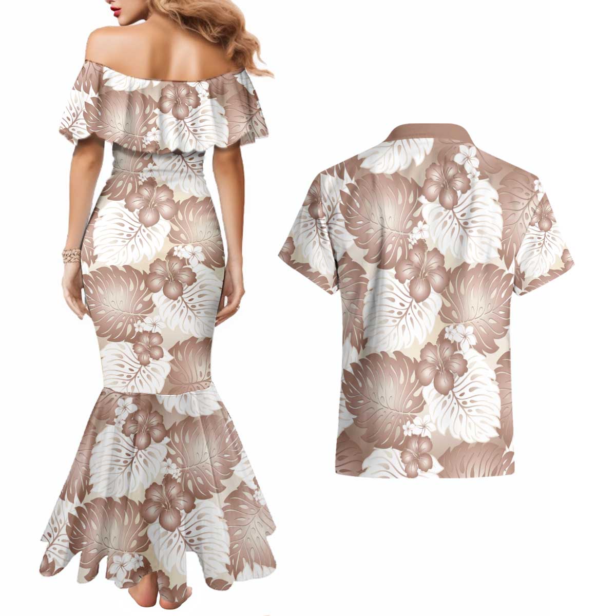 Mocha Mousse Aloha Hawaii Couples Matching Mermaid Dress and Hawaiian Shirt Monstera Hibiscus Plumeria Seamless Vibes - Polynesian Pride