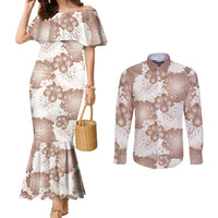 Mocha Mousse Aloha Hawaii Couples Matching Mermaid Dress and Long Sleeve Button Shirt Monstera Hibiscus Plumeria Seamless Vibes - Polynesian Pride