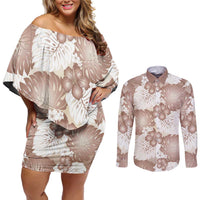 Mocha Mousse Aloha Hawaii Couples Matching Off Shoulder Short Dress and Long Sleeve Button Shirt Monstera Hibiscus Plumeria Seamless Vibes - Polynesian Pride
