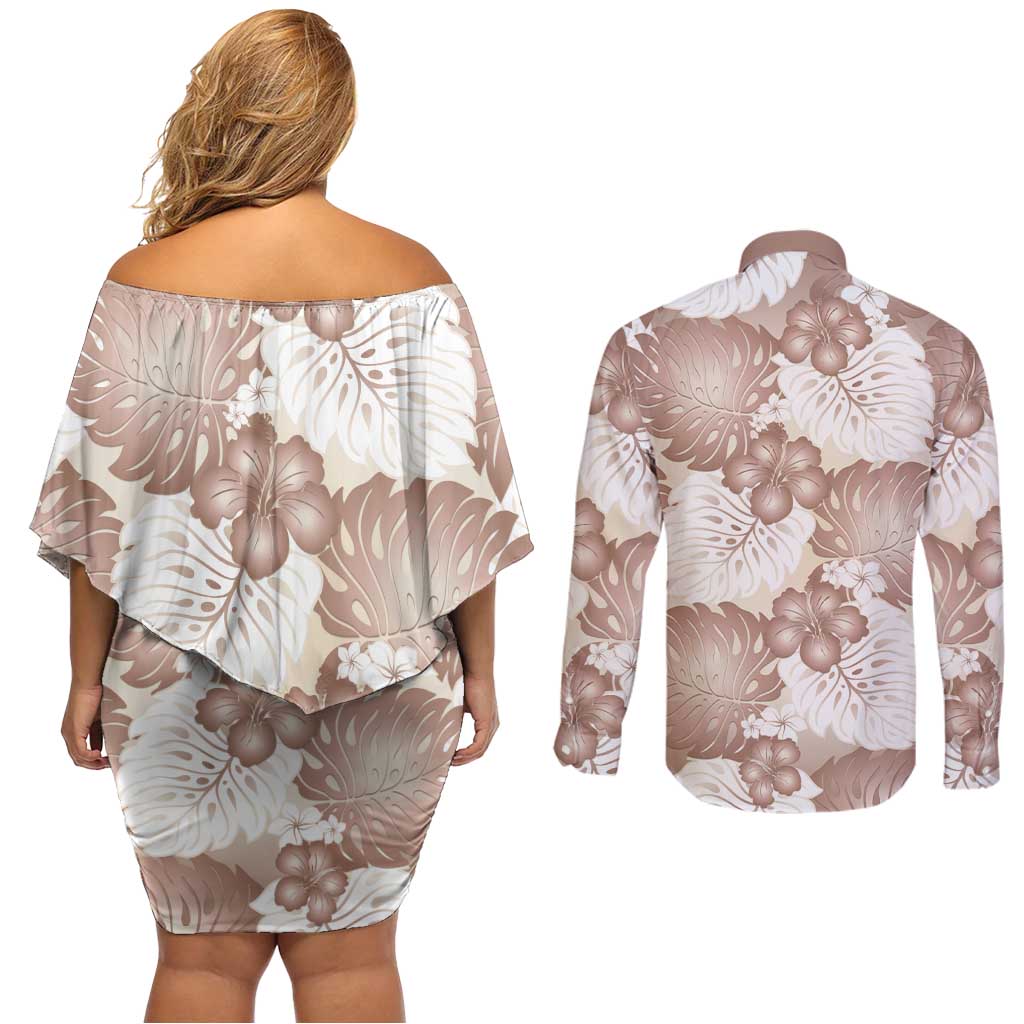 Mocha Mousse Aloha Hawaii Couples Matching Off Shoulder Short Dress and Long Sleeve Button Shirt Monstera Hibiscus Plumeria Seamless Vibes - Polynesian Pride