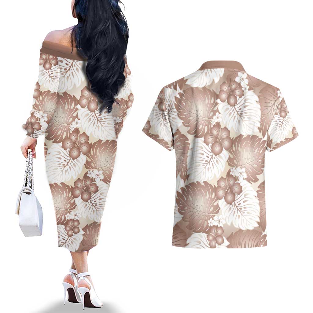 Mocha Mousse Aloha Hawaii Couples Matching Off The Shoulder Long Sleeve Dress and Hawaiian Shirt Monstera Hibiscus Plumeria Seamless Vibes - Polynesian Pride