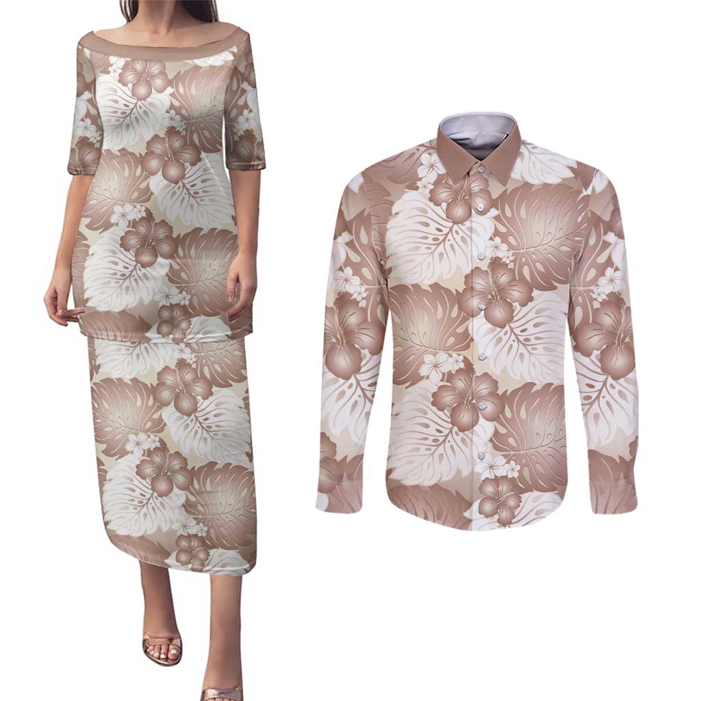 Mocha Mousse Aloha Hawaii Couples Matching Puletasi and Long Sleeve Button Shirt Monstera Hibiscus Plumeria Seamless Vibes - Polynesian Pride