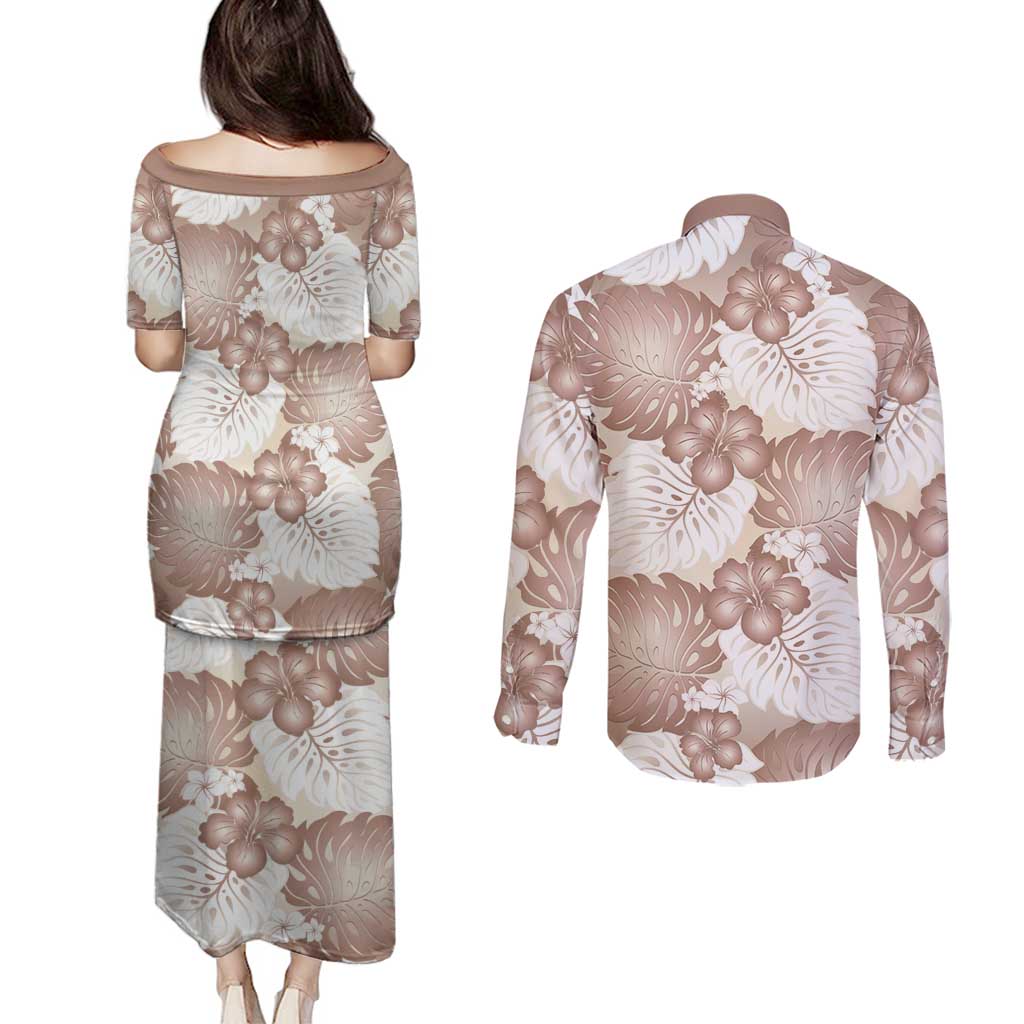 Mocha Mousse Aloha Hawaii Couples Matching Puletasi and Long Sleeve Button Shirt Monstera Hibiscus Plumeria Seamless Vibes - Polynesian Pride